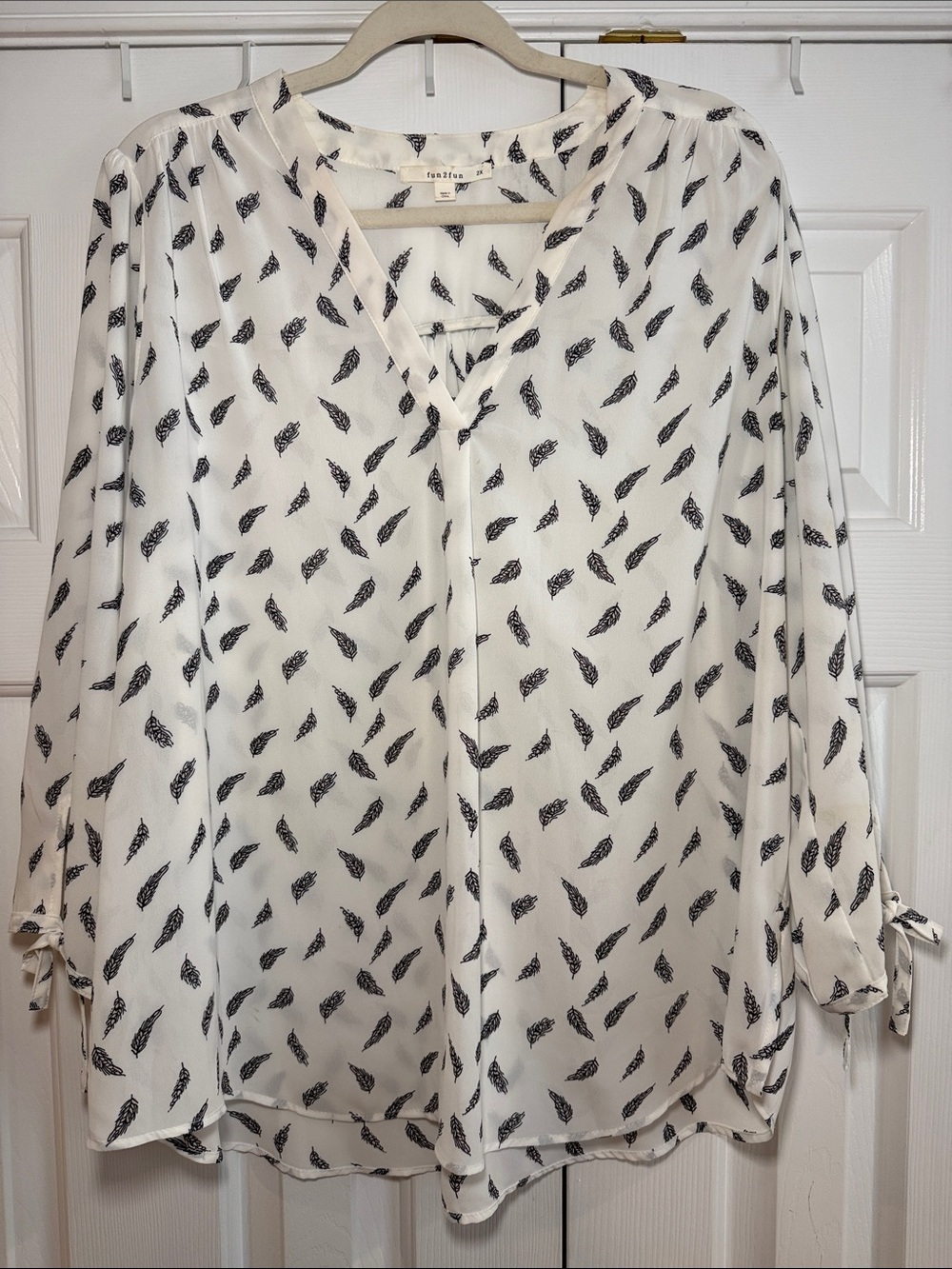 fun 2 fun Cream Blouse with Black Feather Print